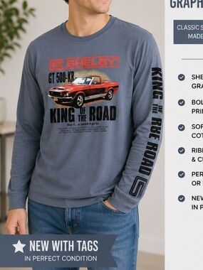 Old Navy Gray Shelby Mustang Graphic Long Sleeve Tee NWT Size L King of the Road